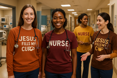 create a picture of multiple nurse  with Tshirt which state (Nurse) in crew neck, shirt sleeve shirt with fall colors, long sleeve shirt with statement JESUS FILLS MY CUP. MAKE IT IN THE HOSPITAL SETTING