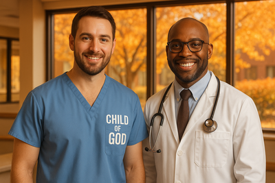 create an image of a male nurse with Child of GOD on his shirt with male black doctor, in the season of autumn